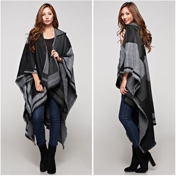Sweaters - Black & Gray Plaid Scarf Fringe Hooded Poncho